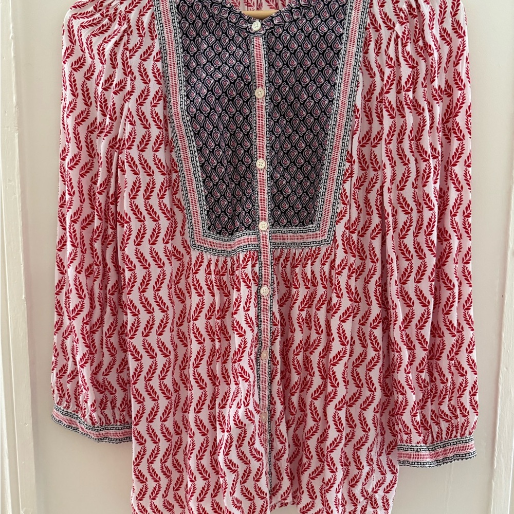 LOFT Red and White Blouse with Navy Accents